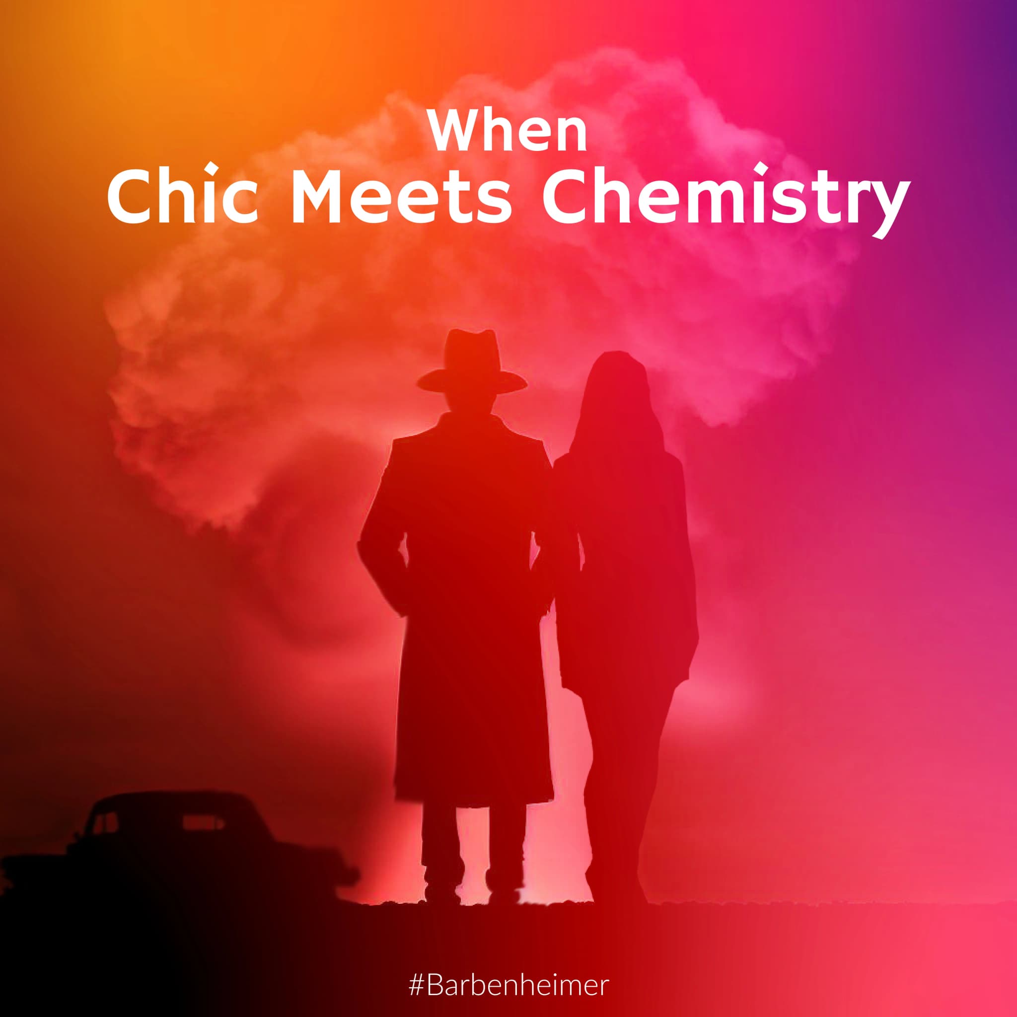 A creative image showing a shoadow image of a man in hat and a girl next to him with an explosion like thick smoke in the back ground. The image has a gradient color going from left to right from red to hot pink. There ia a caption on top saying, When Chic Meets Chemistry.