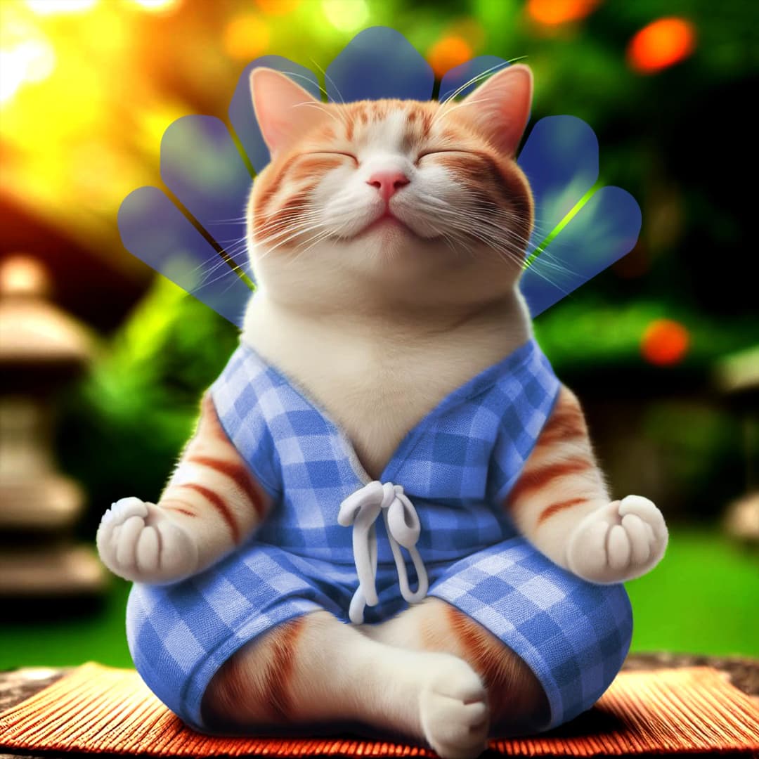 A creative image showing a cute meditating cat and an aura of 1&O logo behind its head.