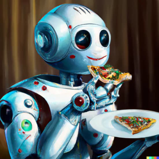 An Image showing a happy robot holding a slice of Pizza in its hand