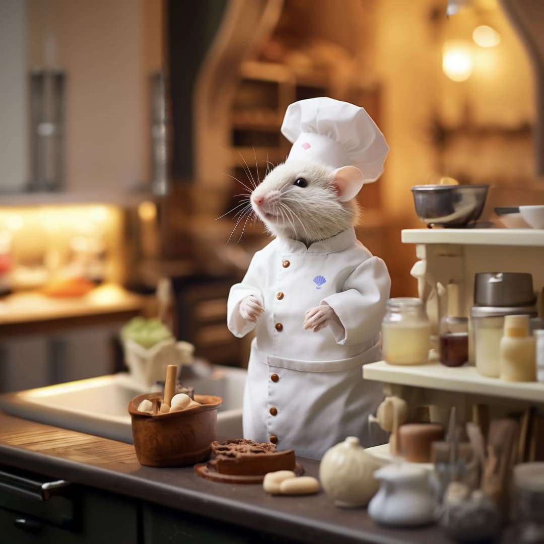 Adorable mouse dressed as a chef in the kitchen, proudly wearing a 1&O's logo on its attire, with ingredients laid out on the countertop.